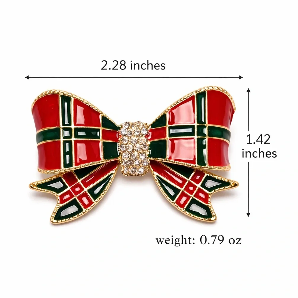 Christmas Plaid Bow Brooch Rhinestone Gold Tone Holiday Lapel Pin Red Green